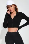 Kadın Siyah Uzun Kol Fermuarlı Parmak Geçme Detaylı Dik Yaka Crop Top Bluz