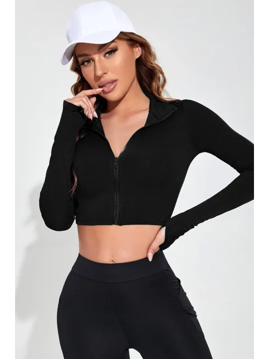 Kadın Siyah Uzun Kol Fermuarlı Parmak Geçme Detaylı Dik Yaka Crop Top Bluz