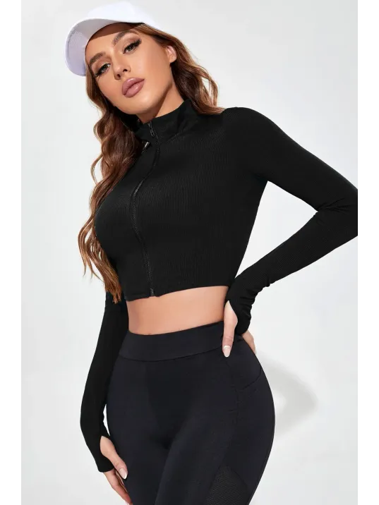 Kadın Siyah Uzun Kol Fermuarlı Parmak Geçme Detaylı Dik Yaka Crop Top Bluz Kadın Siyah Uzun Kol Fermuarlı Parmak Geçme Detaylı Dik Yaka Crop Top Bluz