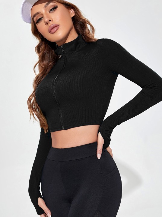 Kadın Siyah Uzun Kol Fermuarlı Parmak Geçme Detaylı Dik Yaka Crop Top Bluz