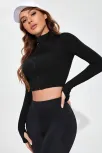 Kadın Siyah Uzun Kol Fermuarlı Parmak Geçme Detaylı Dik Yaka Crop Top Bluz