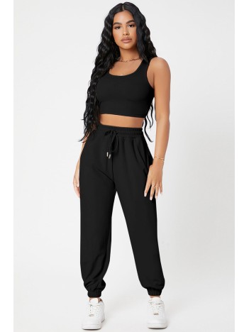 Kadın Siyah Kaşkorse Cepli Jogger Eşofman Altı Ve Crop Top Bluz