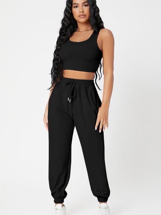 Kadın Siyah Kaşkorse Cepli Jogger Eşofman Altı ve Crop Top Bluz