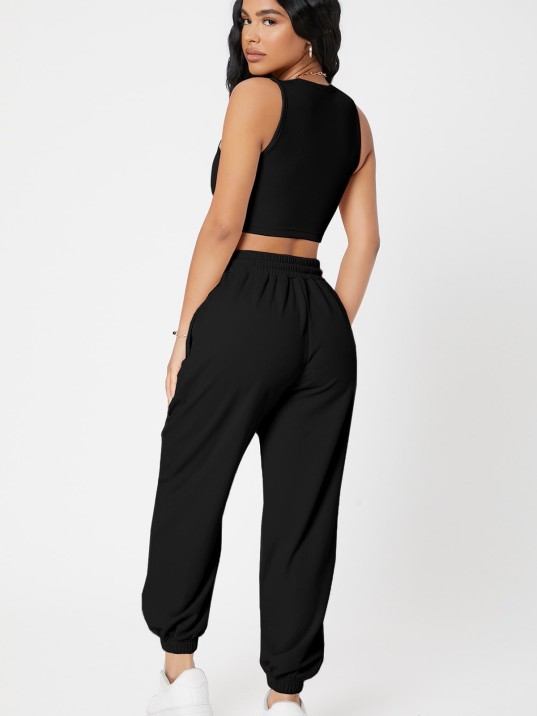 Kadın Siyah Kaşkorse Cepli Jogger Eşofman Altı Ve Crop Top Bluz Kadın Siyah Kaşkorse Cepli Jogger Eşofman Altı Ve Crop Top Bluz