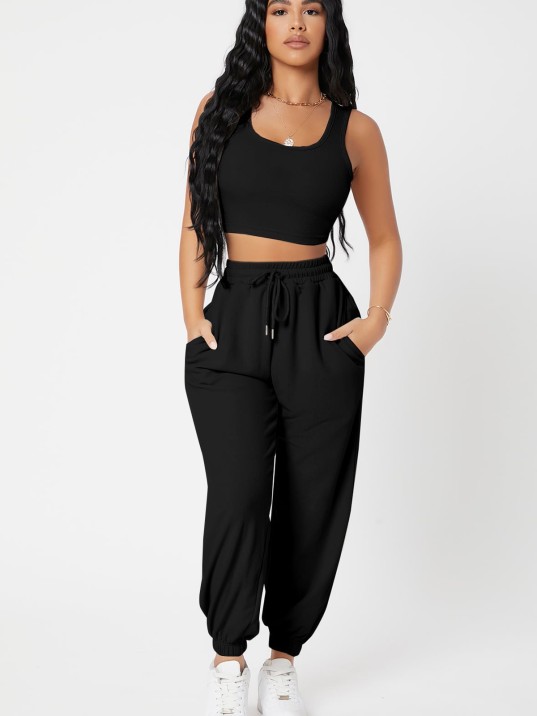 Kadın Siyah Kaşkorse Cepli Jogger Eşofman Altı ve Crop Top Bluz