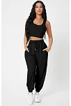Kadın Siyah Kaşkorse Cepli Jogger Eşofman Altı Ve Crop Top Bluz