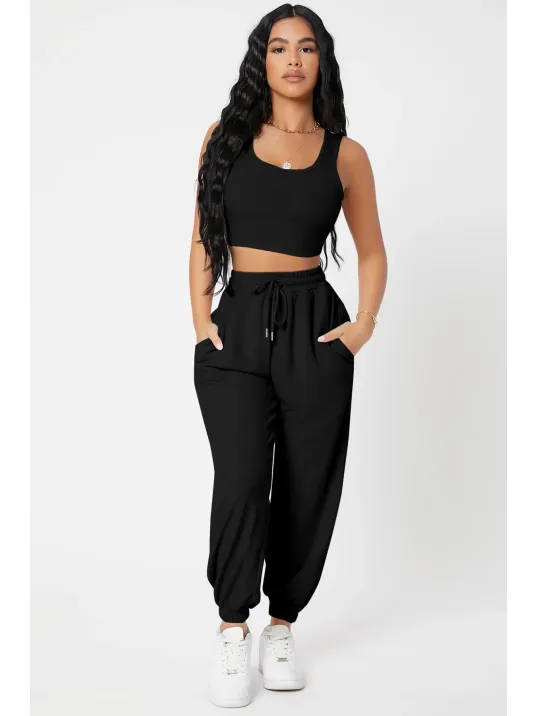 Kadın Siyah Kaşkorse Cepli Jogger Eşofman Altı Ve Crop Top Bluz