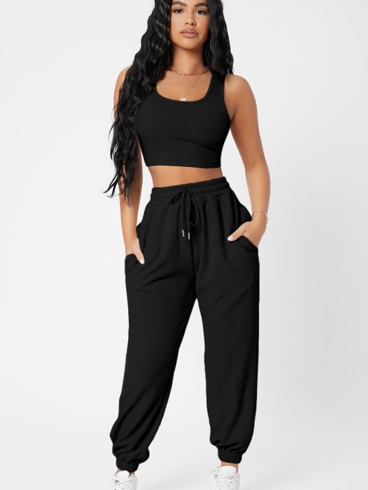 Kadın Siyah Kaşkorse Cepli Jogger Eşofman Altı ve Crop Top Bluz