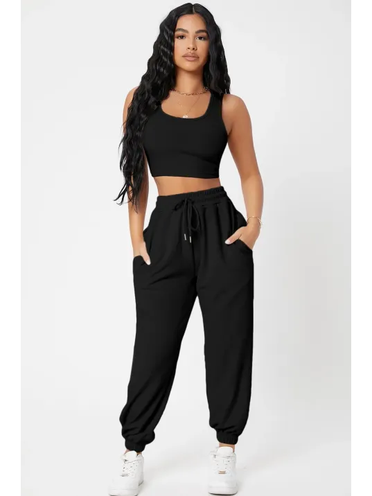 Kadın Siyah Kaşkorse Cepli Jogger Eşofman Altı Ve Crop Top Bluz