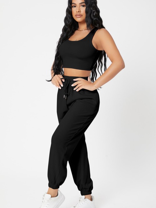 Kadın Siyah Kaşkorse Cepli Jogger Eşofman Altı ve Crop Top Bluz