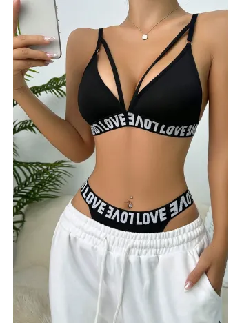 Kadın Siyah Love Yazı Detaylı Harness İç Çamaşır Takımı – Modern, Konforlu Ve Günlük Kombinlere Uygun