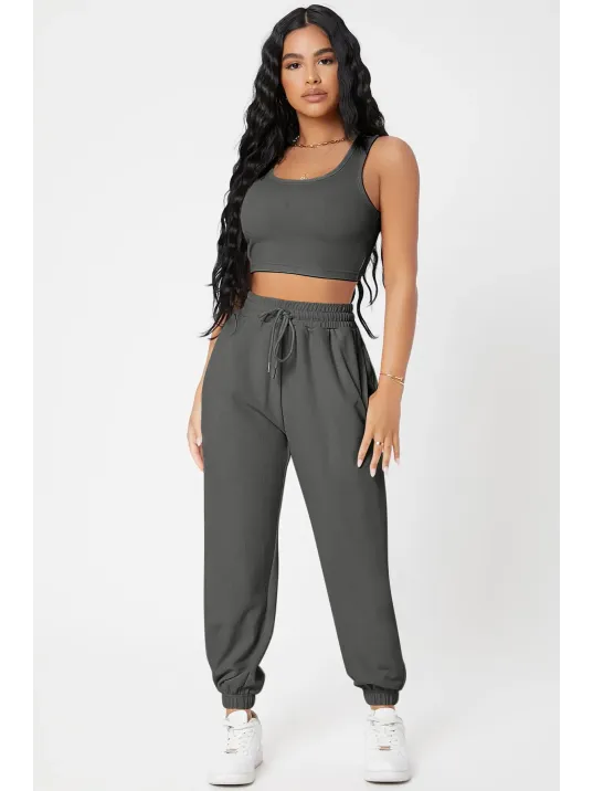 Kadın Antrasit Gri Kaşkorse Cepli Jogger Eşofman Altı Ve Crop Top Bluz – Şık, Rahat Ve Kolay Kombinlenebilir