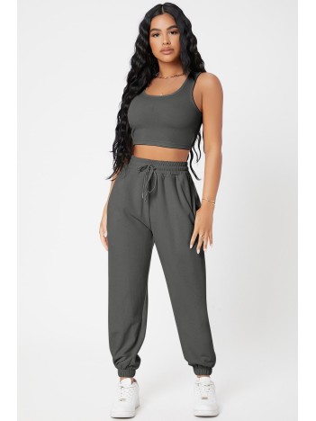 Kadın Antrasit Gri Kaşkorse Cepli Jogger Eşofman Altı ve Crop Top Bluz – Şık, Rahat ve Kolay Kombinlenebilir