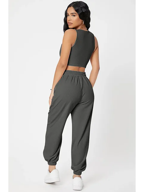 Kadın Antrasit Gri Kaşkorse Cepli Jogger Eşofman Altı Ve Crop Top Bluz – Şık, Rahat Ve Kolay Kombinlenebilir