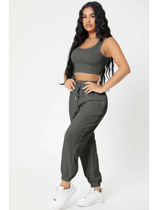 Kadın Antrasit Gri Kaşkorse Cepli Jogger Eşofman Altı Ve Crop Top Bluz – Şık, Rahat Ve Kolay Kombinlenebilir