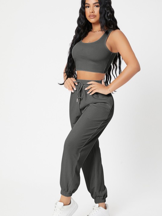 Kadın Antrasit Gri Kaşkorse Cepli Jogger Eşofman Altı Ve Crop Top Bluz – Şık, Rahat Ve Kolay Kombinlenebilir