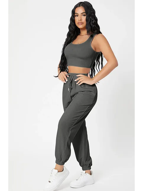 Kadın Antrasit Gri Kaşkorse Cepli Jogger Eşofman Altı Ve Crop Top Bluz – Şık, Rahat Ve Kolay Kombinlenebilir
