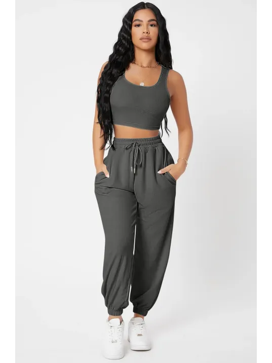 Kadın Antrasit Gri Kaşkorse Cepli Jogger Eşofman Altı Ve Crop Top Bluz – Şık, Rahat Ve Kolay Kombinlenebilir