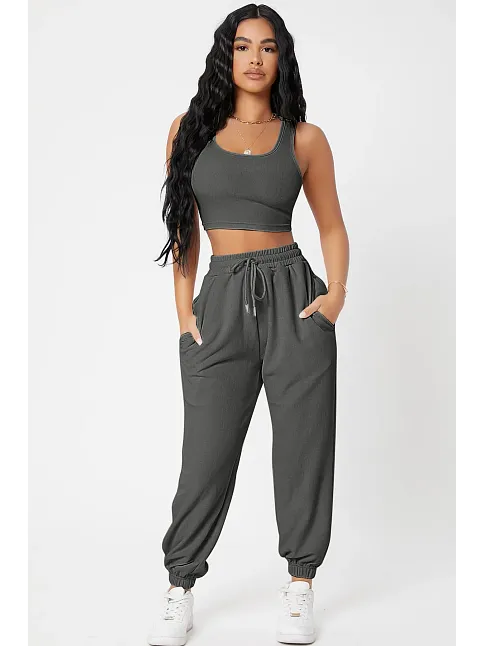 Kadın Antrasit Gri Kaşkorse Cepli Jogger Eşofman Altı Ve Crop Top Bluz – Şık, Rahat Ve Kolay Kombinlenebilir