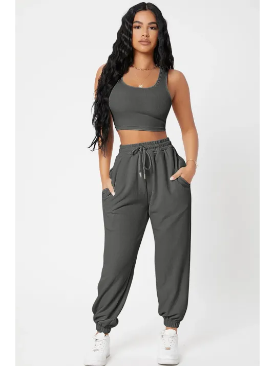 Kadın Antrasit Gri Kaşkorse Cepli Jogger Eşofman Altı Ve Crop Top Bluz – Şık, Rahat Ve Kolay Kombinlenebilir