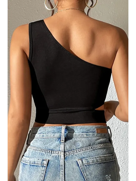 Kadın Siyah Tek Kol Cut Out Göbek Dekolteli Crop Top Bluz – Şık, Rahat Ve Kolay Kombinlenebilir