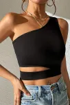 Kadın Siyah Tek Kol Cut Out Göbek Dekolteli Crop Top Bluz – Şık, Rahat Ve Kolay Kombinlenebilir