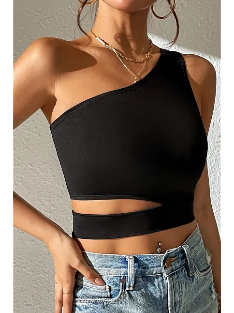 Kadın Siyah Tek Kol Cut Out Göbek Dekolteli Crop Top Bluz – Şık, Rahat Ve Kolay Kombinlenebilir