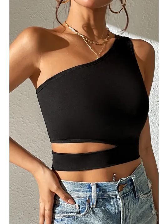 Kadın Siyah Tek Kol Cut Out Göbek Dekolteli Crop Top Bluz – Şık, Rahat Ve Kolay Kombinlenebilir