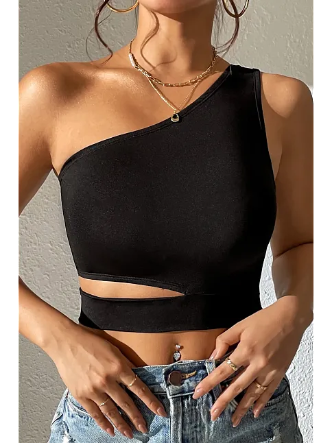 Kadın Siyah Tek Kol Cut Out Göbek Dekolteli Crop Top Bluz – Şık, Rahat Ve Kolay Kombinlenebilir