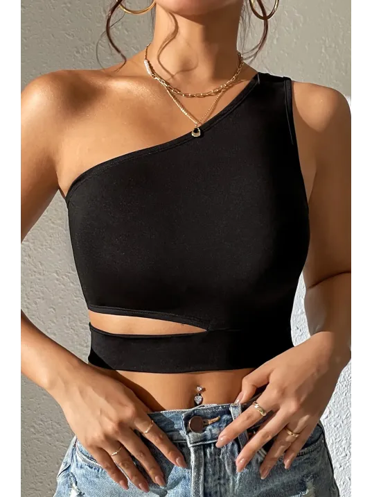 Kadın Siyah Tek Kol Cut Out Göbek Dekolteli Crop Top Bluz – Şık, Rahat Ve Kolay Kombinlenebilir