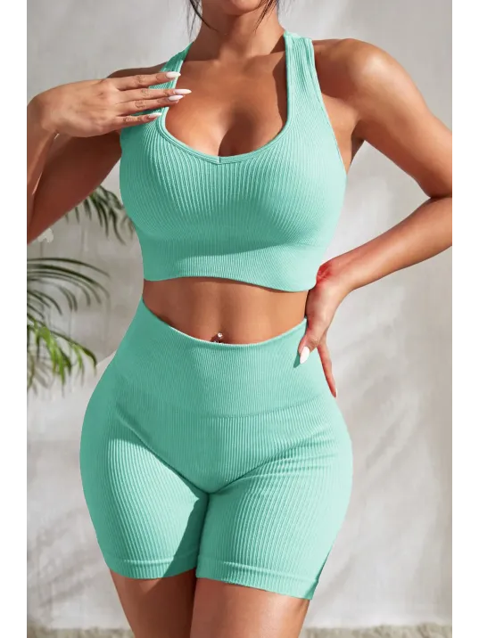 Kadın Açık Mavi Yüksek Bel Çapraz Sırt Detaylı Şortlu Gecelik Takım – Modern, Konforlu Ve Günlük Kombinlere Uygun