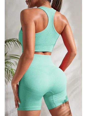 Kadın Açık Mavi Yüksek Bel Çapraz Sırt Detaylı Şortlu Gecelik Takım – Modern, Konforlu Ve Günlük Kombinlere Uygun