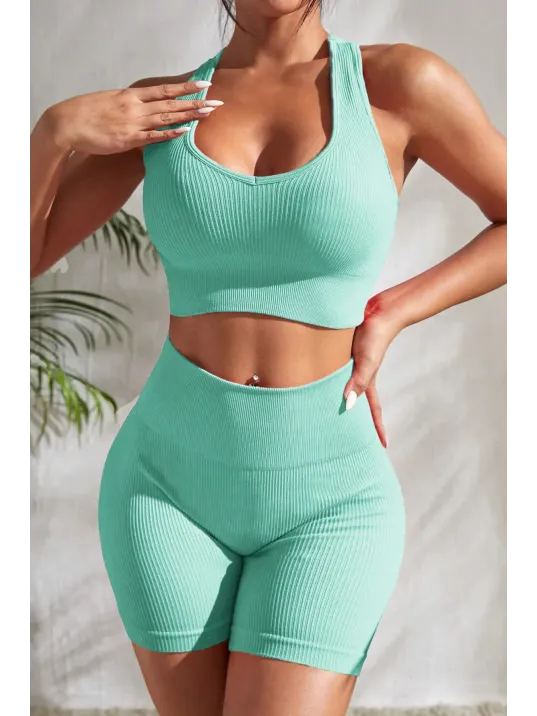 Kadın Açık Mavi Yüksek Bel Çapraz Sırt Detaylı Şortlu Gecelik Takım – Modern, Konforlu Ve Günlük Kombinlere Uygun