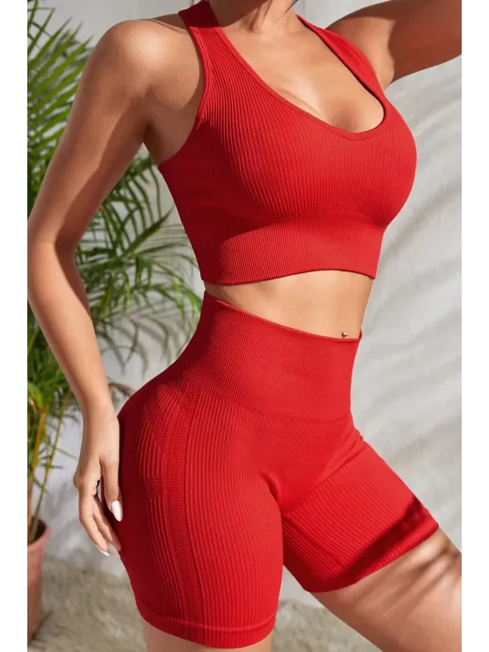 Kadın Kırmızı Yüksek Bel Çapraz Sırt Detaylı Şortlu Gecelik Takım – Modern, Konforlu Ve Günlük Kombinlere Uygun