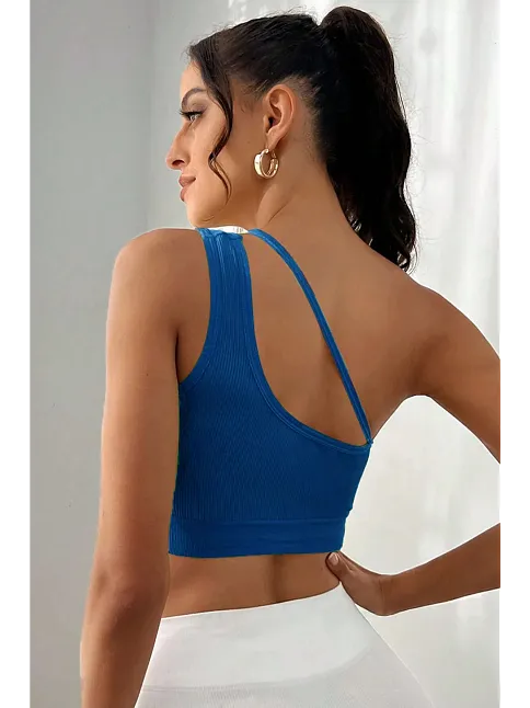 Kadın Mavi Tek Omuzlu Çapraz Askılı Crop Top Büstiyer – Modern Ve Şık Tasarım