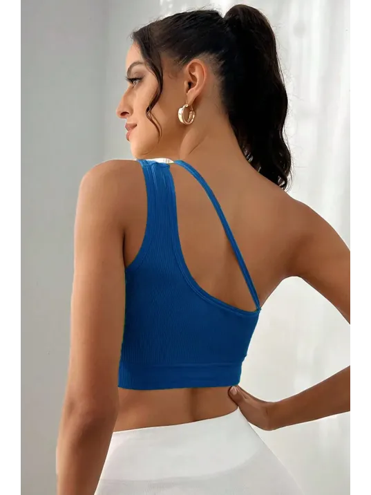 Kadın Mavi Tek Omuzlu Çapraz Askılı Crop Top Büstiyer – Modern Ve Şık Tasarım