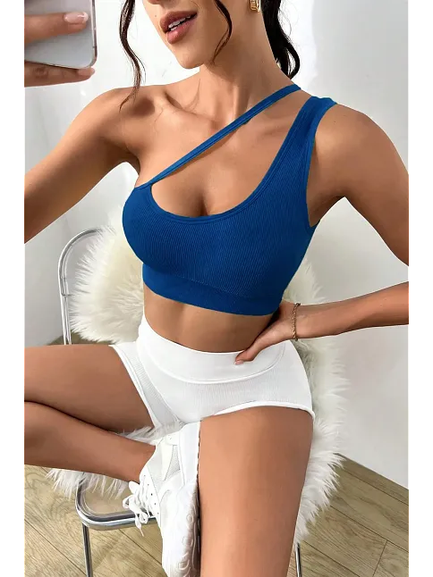 Kadın Mavi Tek Omuzlu Çapraz Askılı Crop Top Büstiyer – Modern Ve Şık Tasarım