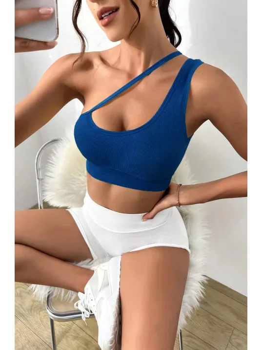 Kadın Mavi Tek Omuzlu Çapraz Askılı Crop Top Büstiyer – Modern Ve Şık Tasarım