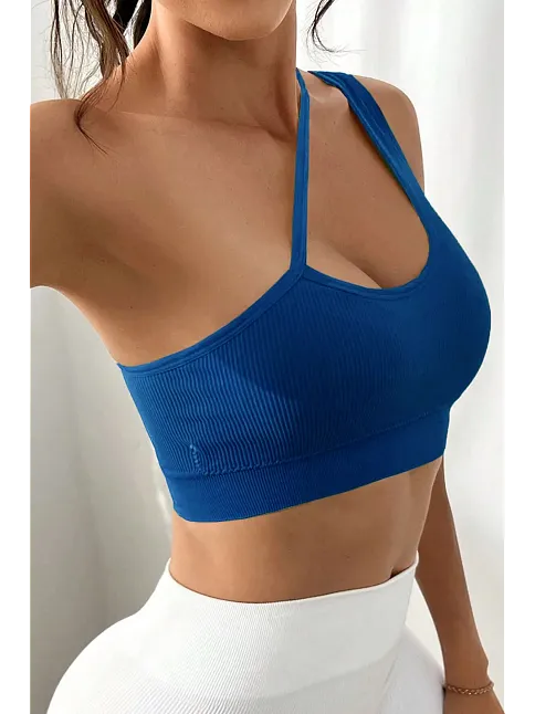 Kadın Mavi Tek Omuzlu Çapraz Askılı Crop Top Büstiyer – Modern Ve Şık Tasarım