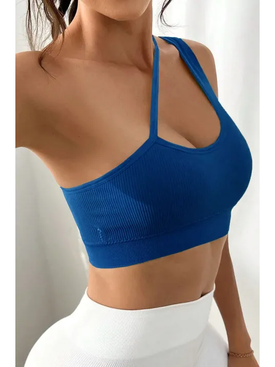 Kadın Mavi Tek Omuzlu Çapraz Askılı Crop Top Büstiyer – Modern Ve Şık Tasarım