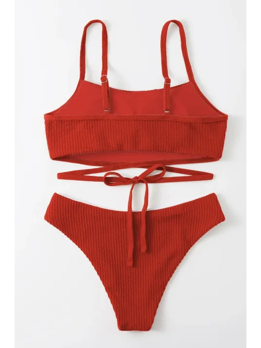 Kadın Kırmızı Çapraz Bağlama Detaylı Yüksek Bel Bikini Takımı – Modern, Konforlu Ve Günlük Kombinlere Uygun