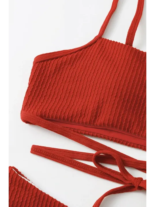 Kadın Kırmızı Çapraz Bağlama Detaylı Yüksek Bel Bikini Takımı – Modern, Konforlu Ve Günlük Kombinlere Uygun