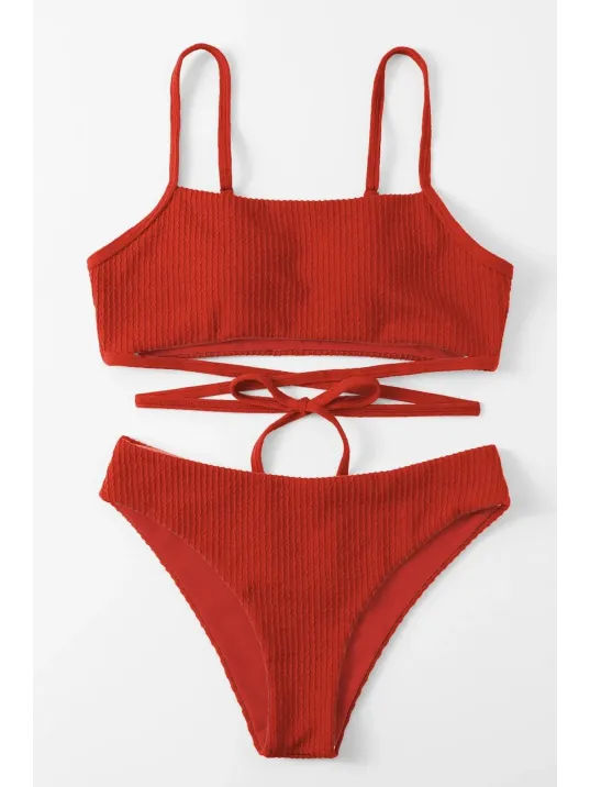 Kadın Kırmızı Çapraz Bağlama Detaylı Yüksek Bel Bikini Takımı – Modern, Konforlu Ve Günlük Kombinlere Uygun