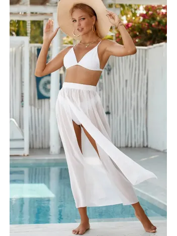 Kadın Beyaz Yırtmaçlı Tül Pareo Etek Plaj Elbisesi – Şık, Rahat Ve 4 Mevsim Kullanıma Uygun