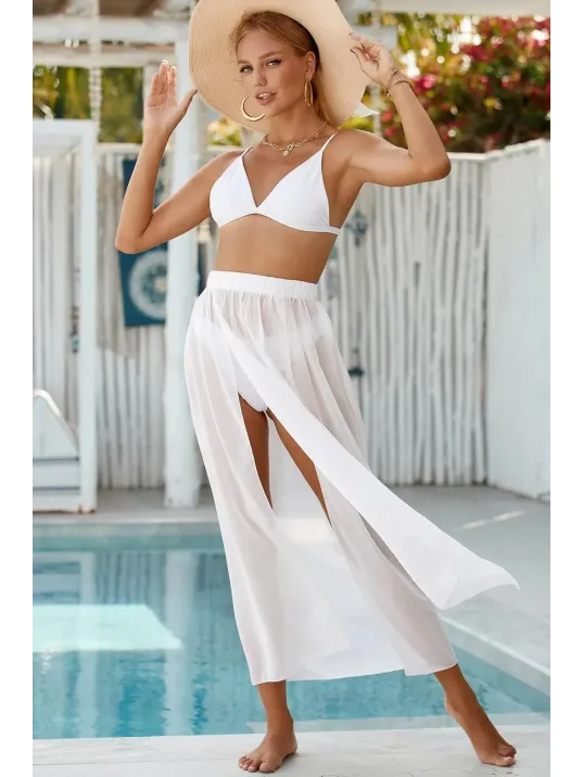 Kadın Beyaz Yırtmaçlı Tül Pareo Etek Plaj Elbisesi – Şık, Rahat Ve 4 Mevsim Kullanıma Uygun