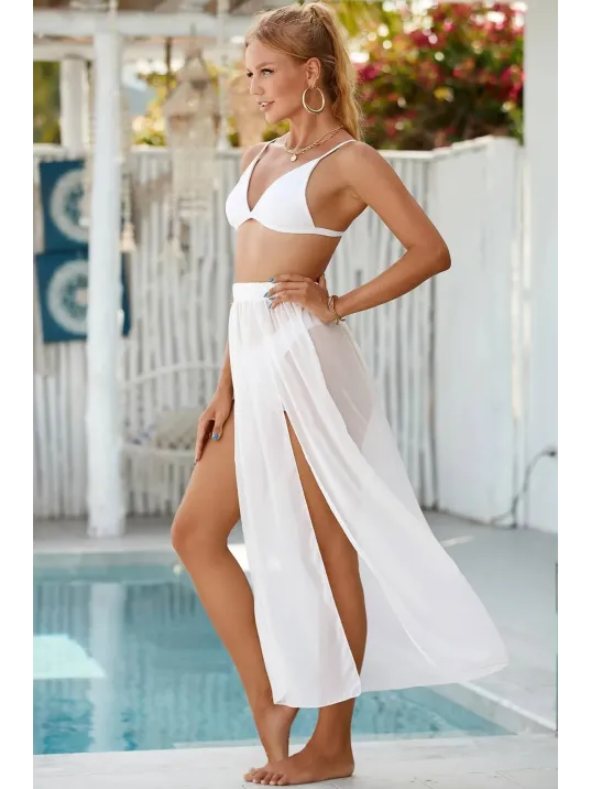 Kadın Beyaz Yırtmaçlı Tül Pareo Etek Plaj Elbisesi – Şık, Rahat Ve 4 Mevsim Kullanıma Uygun