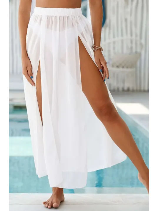 Kadın Beyaz Yırtmaçlı Tül Pareo Etek Plaj Elbisesi – Şık, Rahat Ve 4 Mevsim Kullanıma Uygun