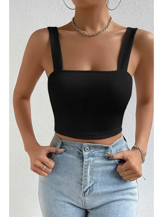 Kadın Siyah Kare Yaka Kalın Askılı Dekolteli Crop Top Bluz – Şık, Rahat Ve Kolay Kombinlenebilir Kadın Siyah Kare Yaka Kalın Askılı Dekolteli Crop Top Bluz – Şık, Rahat Ve Kolay Kombinlenebilir