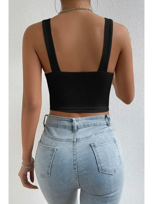 Kadın Siyah Kare Yaka Kalın Askılı Dekolteli Crop Top Bluz – Şık, Rahat Ve Kolay Kombinlenebilir
