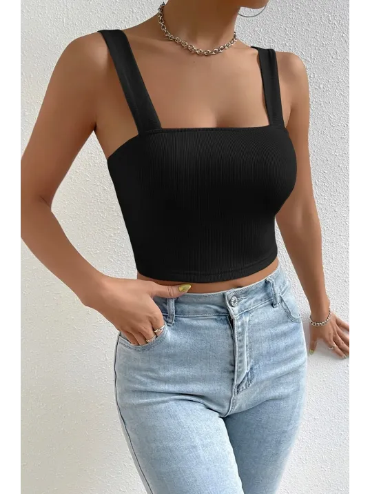 Kadın Siyah Kare Yaka Kalın Askılı Dekolteli Crop Top Bluz – Şık, Rahat Ve Kolay Kombinlenebilir